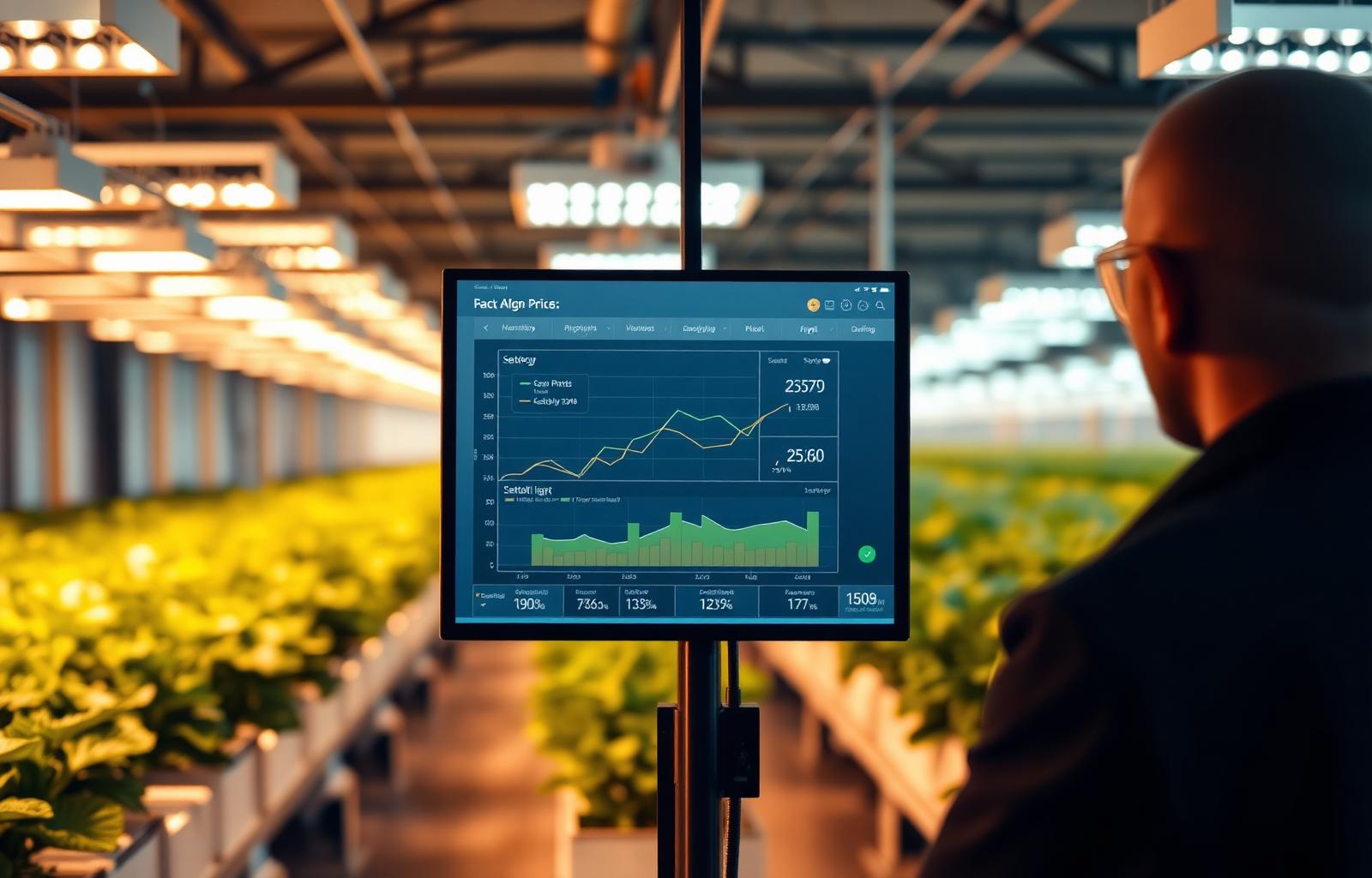 An operator looking at a data dashboard inside a commercial glasshouse aisle under grow lights.